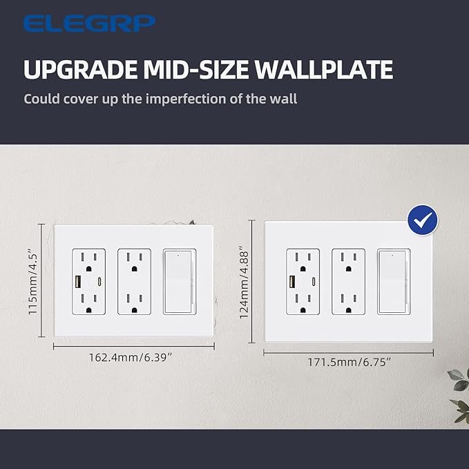 ELEGRP 3-Gang Screwless Decorative Wall Plates, Mid-Size Unbreakable Thermoplastic Faceplate Cover for Decorator Receptacle Outlet Switch, UL Listed (1 Pack, Matte White)
