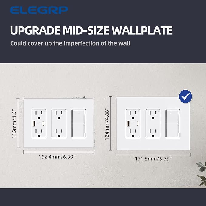 ELEGRP 3-Gang Screwless Decorative Wall Plates, Mid-Size Unbreakable Thermoplastic Faceplate Cover for Decorator Receptacle Outlet Switch, UL Listed (5 Pack, Matte White)