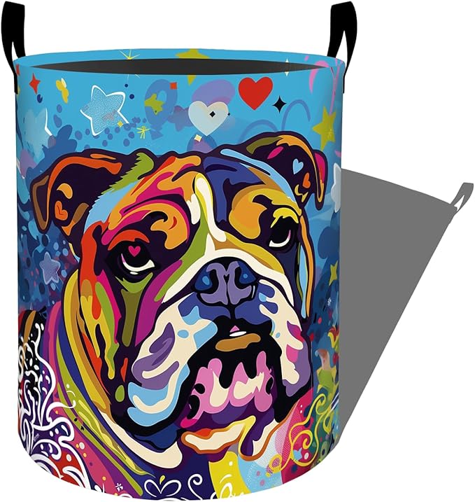 Colorful Bulldog Stars Hearts Laundry Basket with Handles, 19.7"x15.7" Clothes Foldable Laundry Hamper Organizer for Dorm Nursery Bedroom Bathroom Decor, Toy Storage Bin for Kids