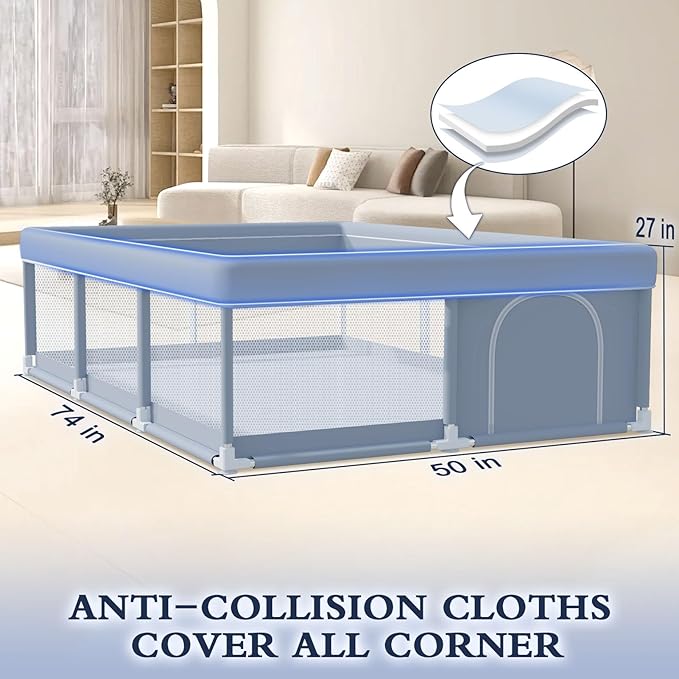74 x 50 Inch Baby Playpen, Playpen for Babies and Toddlers, Baby Play Pen Playard for Indoor & Outdoor Active Center Game Fence, with Skin-Friendly Fabric and Soft Breathable Mesh, Grey