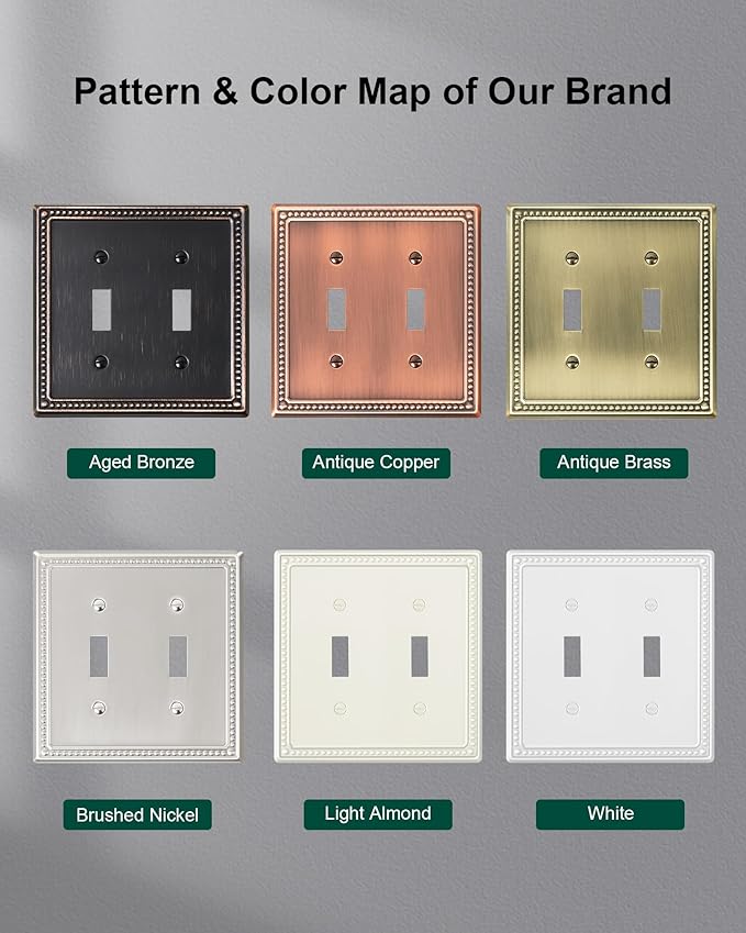 2-Pack Double Toggle Light Switch Cover Plate, Pearls Decorative Dual Switch Plate Covers, Light Almond 2 Gang Metal Wall Plate, Corrosion Resistant