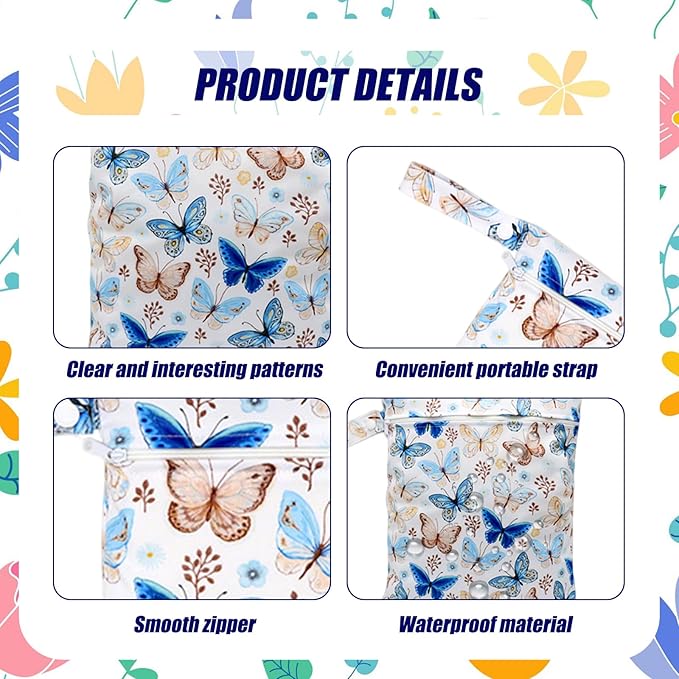 3pcs Cloth Diaper Wet Dry Bags Waterproof Reusable with Two Zippered Pockets Travel Beach Pool Daycare Soiled Baby Items Yoga Gym Bag for Swimsuits or Wet Clothes (BUTTERFLY)