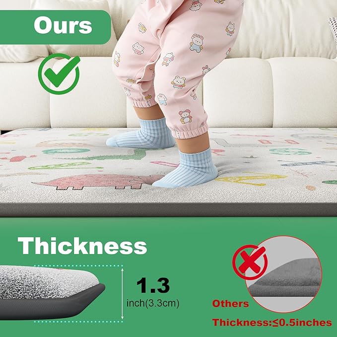 1.3" Thick Baby Play Mat for Floor, Elasti-Foam 71x59 Playpen Mat, Water Repellent Ultra Soft Coral Velvet Tummy Time Crawling Mats for Kid Toddlers Infants, Non-Slip Backing Safe Alphabet Zoo