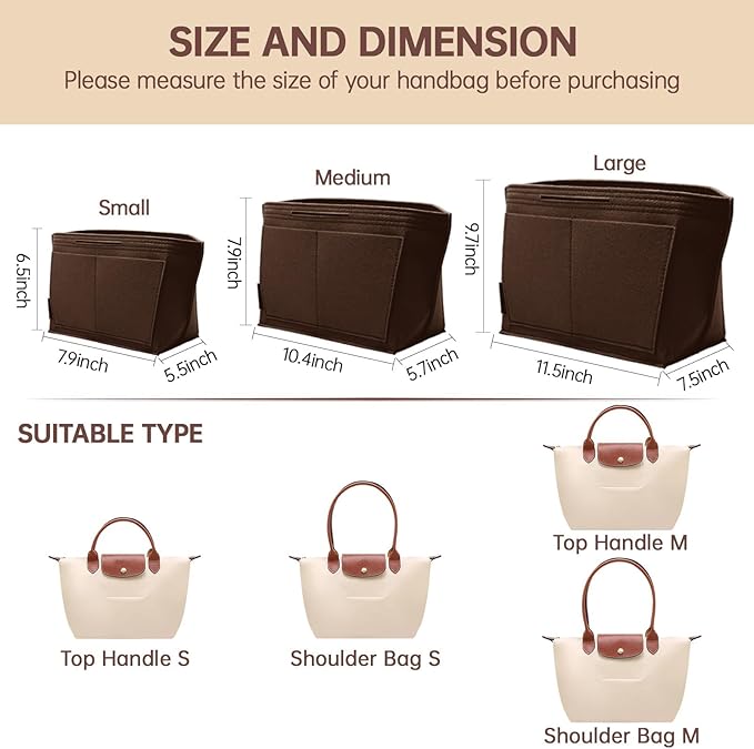 OPPOSHE Purse Organizer Insert for Longchamp Le Pliage, Premium Felt Long Champ Bag Handbag Women, Tote Organizer Insert with 9 Compartments (Medium, Dark Brown)