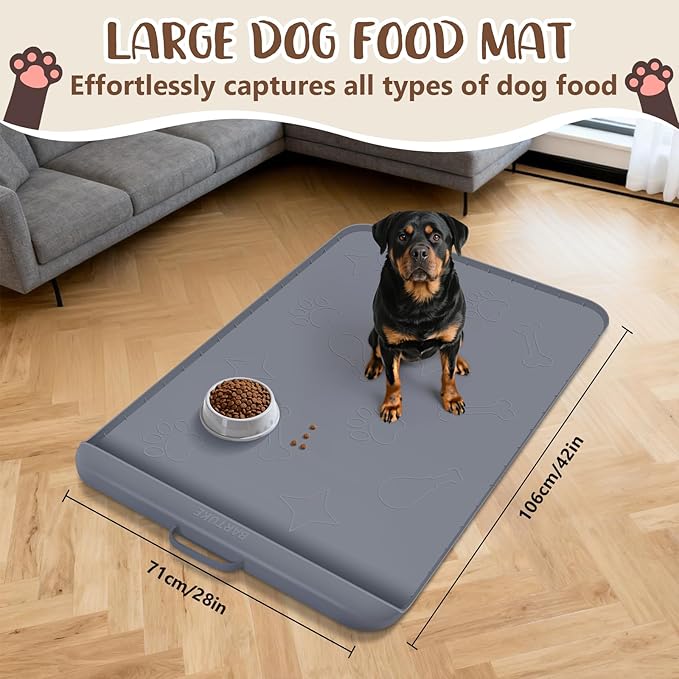 Bartuke Dog Food Mat with Collection Pocket, 42''x28'' Extra Large Silicone Pet Feeding Mat for Food and Water, Waterproof Anti-Slip Dog Mat with Edge and Handle, Pet Placement for Floor (Dark Grey)