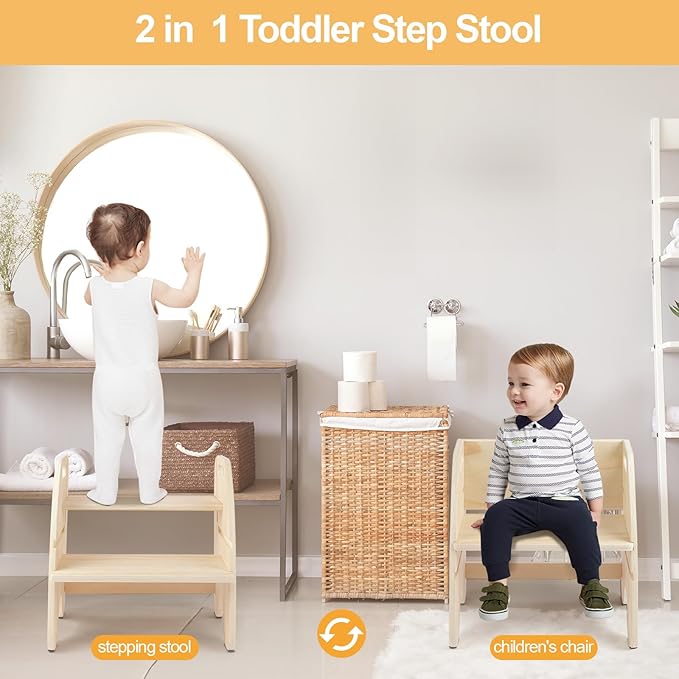 comfoyar Wooden Toddler Step Stool, 2 Step Stool for Kids with Handles and Anti Slip Pad, Convertible Back Chair, Height Adjustable Potty Training Helper Stool for Bathroom Sink, Bedroom