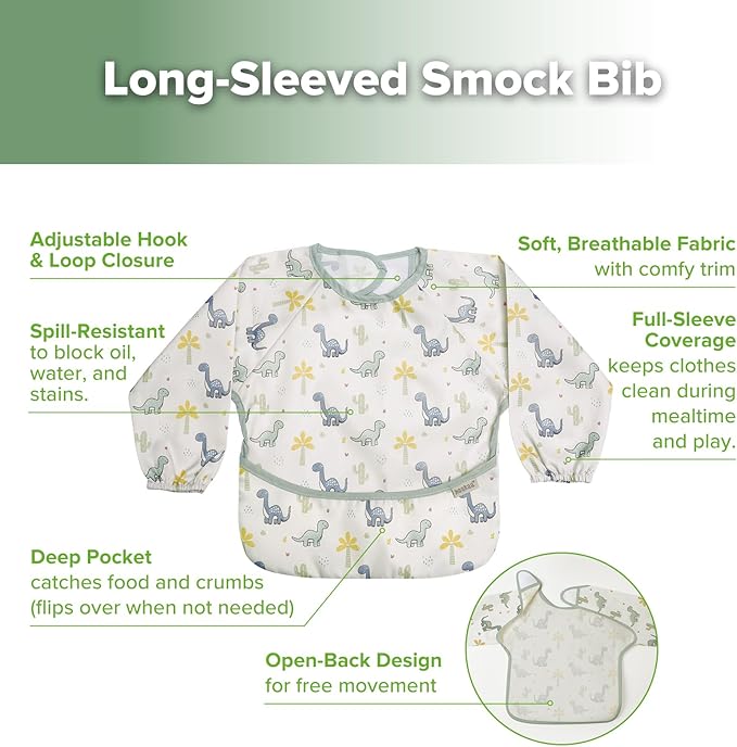 haakaa Long Sleeve Baby Bib, Waterproof & Adjustable Baby Smock Bib for Eating, Painting & Play, Easy Wipe Clean, 6–24M