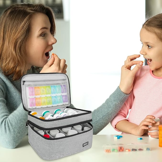 LEFOR·Z Medicine Storage Bag,Double Layers Pill Bottle Organizer Bag Empty with Lockable Zipper&Adjustable Divider,Medication Travel Carrying Bag for Pills,Vitamins,Medical Supplies,Grey
