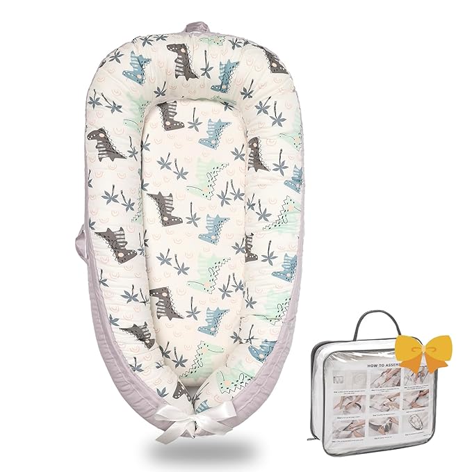 Baby Lounger-Breathable and Soft Organic 100% Cotton, Portable Infant Lounger with Removable Lounger Cover, Floor Lounger for Newborn - Dinosaur World