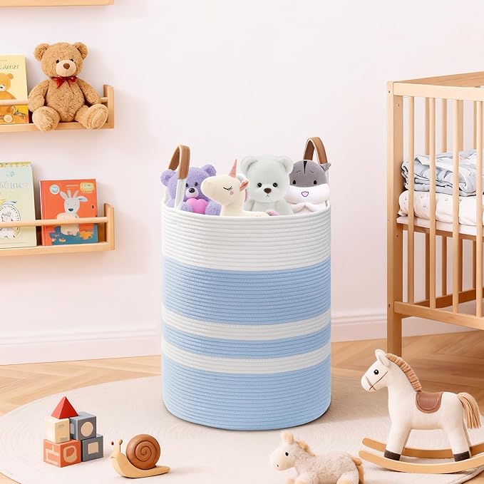 Degeyoyo 60L Striped Laundry Basket, Blue Laundry Hamper with Leather Handles, Woven Cotton Rope Storage Bin for Blankets, Nursery Hamper for Clothes, Toys In Bathroom, Livingroom, Bedroom
