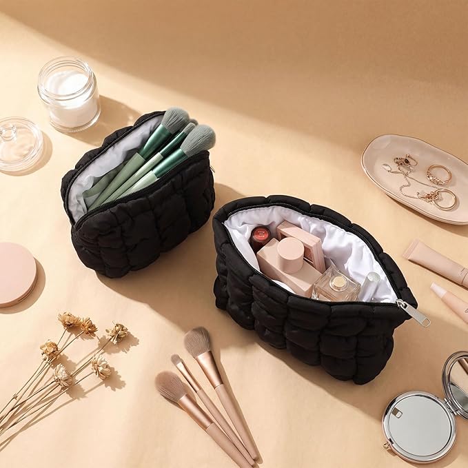 2 Pcs Puffy Makeup Bag Quilted Cosmetic Pouch for Women Cute Checkered Travel Toiletry Bag Puffer Makeup Organizer Purse Pouch Preppy Pencil Case with Zipper(Black)