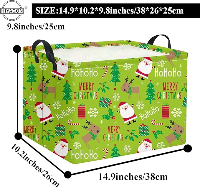 HIYAGON Rectangular Christmas Basket Fabric Storage Bin Storage Boxes,Collapsible Storage Basket for Clothes,Books.Shelves Basket(Green Christmas)