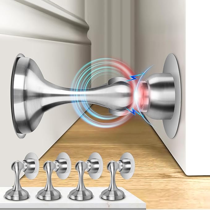 Crosize Magnetic Door Stoppers 4 Pack, Stainless Steel Door Stops for Wall and Floor Mounting, Door Holder Keep Door Open, No Drilling Door Stop with Adhesive Tapes, Silver