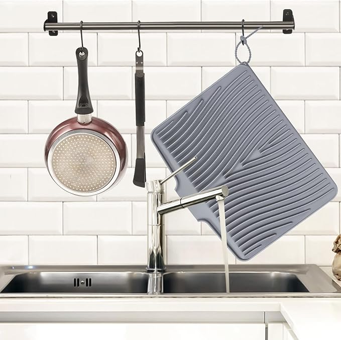 Silicone Dish Drying Mat, Stone Drying Mat for Kitchen Counter with Built-In Drain, Non-Slip Drain Pad with Built-in Drain, Heat Resistant Stone Drying Mat, 1Pcs 20" x 15", Grey