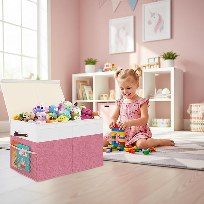 Fineonly Large Toy Storage Box with Lid Upgraded Toy Storage Chest Organizer with Divider Foldable Toy Bin for Kids Boys Girls Playroom Nursery Bedroom (25"x13"x16")