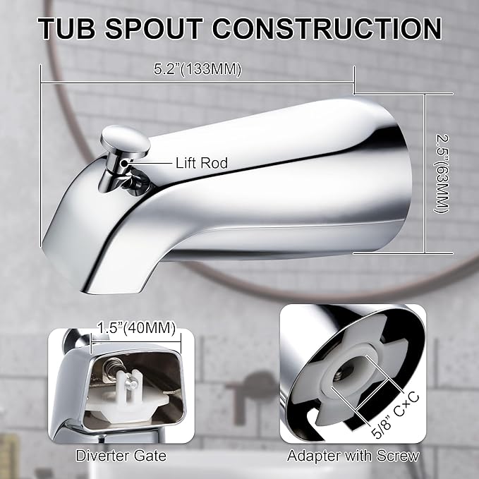 Enhon Slip on Tub Spout with Diverter, Compatible with American Standard 8888026.002 Tub Spout, Bathroom Bathtub Faucet, Fits 1/2 Copper Water Tube(5/8 Dia), 5/32 Hex Wrench(Chrome,3)