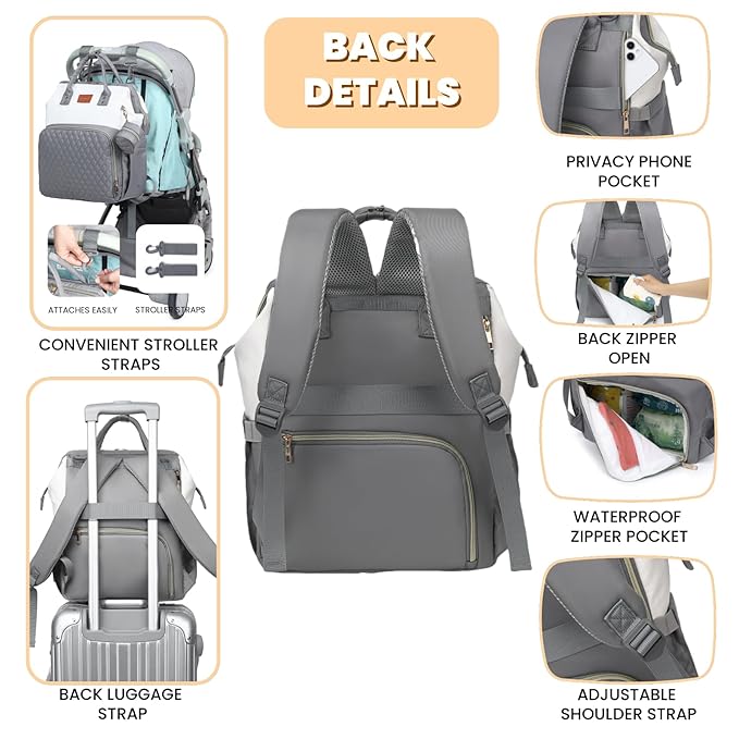ROSEGIN Baby Diaper Bag Backpack with Changing Pad, Pacifier Case, for Boy Girl Toddler - Large, Stylish, Waterproof Travel Quilted Diaper Bag for Mom - Gray/White