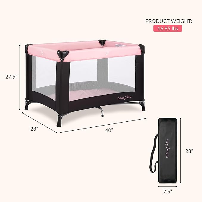 Dream On Me Nest Portable Playard , Award-Winning Lightweight Travel Playpen for Baby. Quick Fold, Mesh Sides, Foldable Mattress Pad, No-Tool Assembly, Meets ASTM/CPSC Standards -Pink