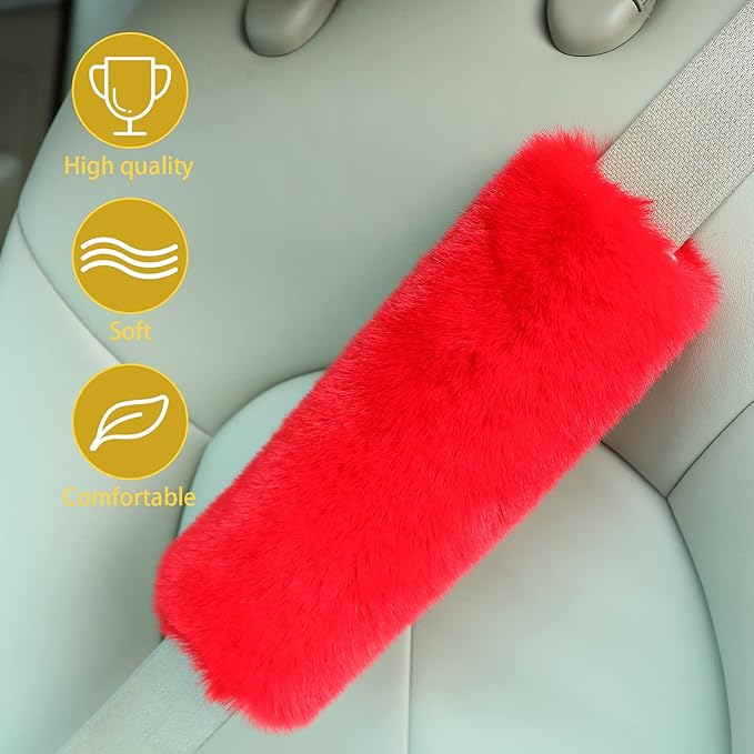 Boao 4 Pack Faux Sheepskin Car Seat Belt Pads Seatbelt Protector Soft Seat Belt Shoulder Strap Cover Comfort Harness Pad(Red, 9.9 Inch)