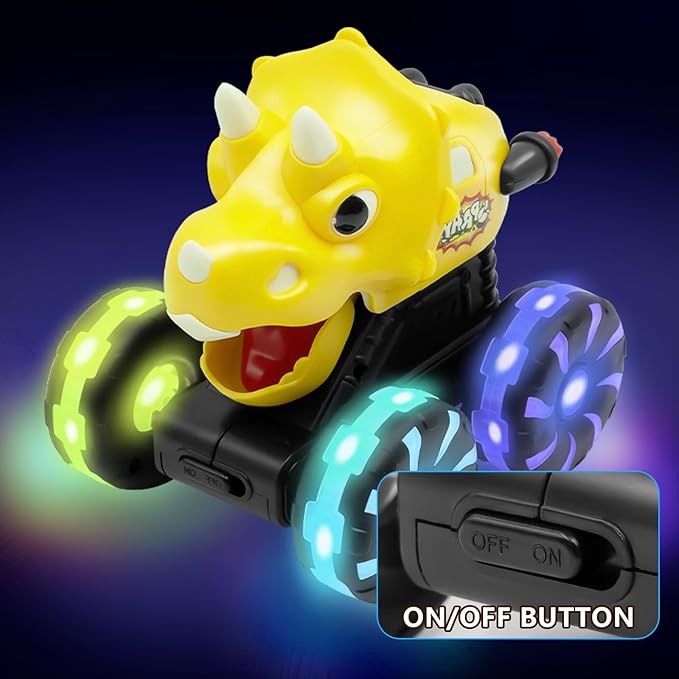 Intoypad Yellow Triceratops Dino Monster Truck – Toddler Push Car Toy with LED Wheels – Press & Go Dinosaur Toy Vehicle for Kids Ages 2 3 4 5 – Chomping Mouth Light-Up Action Toy for Boys Girls