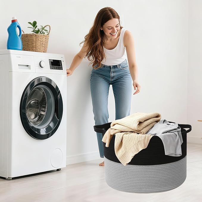 Large Storage Basket with Handle,19.7"x 19.7"x 13" Blanket Basket Storage Bins for Organizing,65L Cotton Rope Woven Baskets for Living Room, Nursery,Bedroom,Black&Light Grey