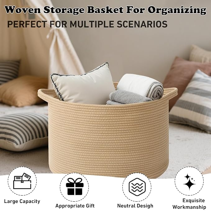 Large Storage Basket with Handle,19.7" L x 19.7" W x 13" H Blanket Basket Storage Bins for Organizing,65L Cotton Rope Woven Baskets for Living Room, Nursery,Bedroom,Camel