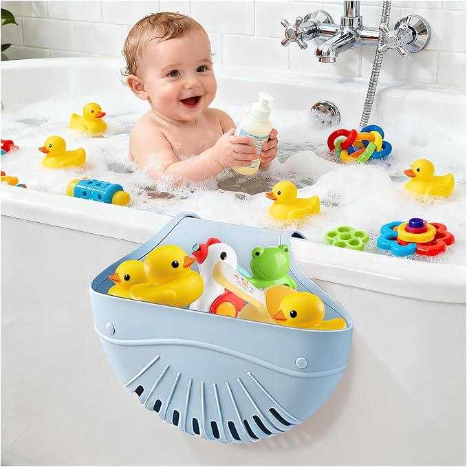 Silicone Bath Toy Organizer for Tub, Flexible 2-Compartment Bathtub Storage Basket for Kids & Adults, Drainable Toy Holder and Foldable Shower Caddy for Bathroom Essentials（Blue）