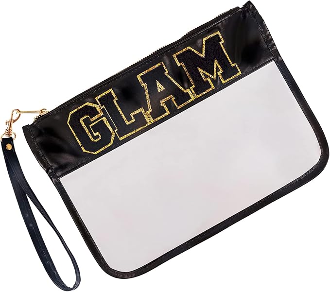 Iqimott Chenille Letter Bag Clear Flat Pouch, Monogram Glitter Letter Patch Makeup Cosmetic Bag Zipper Toiletry Pouch, Portable Travel Beach Snack Wristlet Bag for Women Girls(Black)