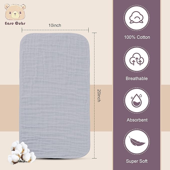 Ease Cubs Muslin Burp Cloths Large 100% Cotton Hand Washcloths for Boys & Girls, Baby Essentials Extra Absorbent and Soft Burping Rags for Newborn Registry (Slate, 12-Pack, 20" X10")