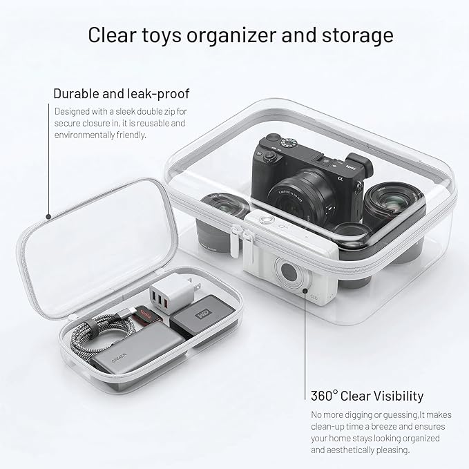 Large Toy Storage Bags with Handle,Clear Hard Shell Zipper Case, 3 Pcs Travel Toiletry Bag,Waterproof toys storage and Organizer Bags for Puzzles,Diapers,Cosmetics,Reusable Organizer Pouch (White1)