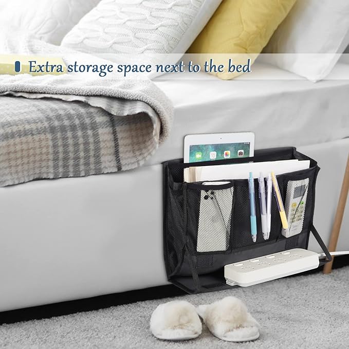 Retyion Bedside Storage Organizer with Power Strip Holder and Adjustable Straps Bed Hanging Bag for Home Bunk Bed Dorm Sofa (Black)