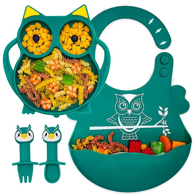 Baby Toddler Silicone Suction Plate with Spoon&Fork And Adjustable Bib Set,Silicone Baby Feeding Utensils Set，Baby Toddler Led Weaning Supplies Set-Blue Owl