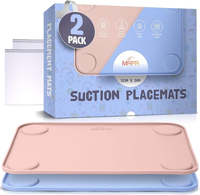 MRPR Silicone Suction Placemats for Toddlers – BPA-Free, Non-Slip, Dishwasher-Safe – Raised Edges, Travel Bags, Heat-Resistant – Mess-Free Mealtime for Home & On-The-Go