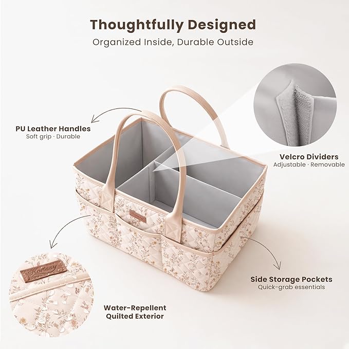 Konssy Floral Quilted Diaper Caddy Organizer, Diaper Caddy Basket with Vegan Leather Handles, Portable Nursery Storage Basket, Water-Repellent Car Organizer, Registry Search Must Haves (Floral)
