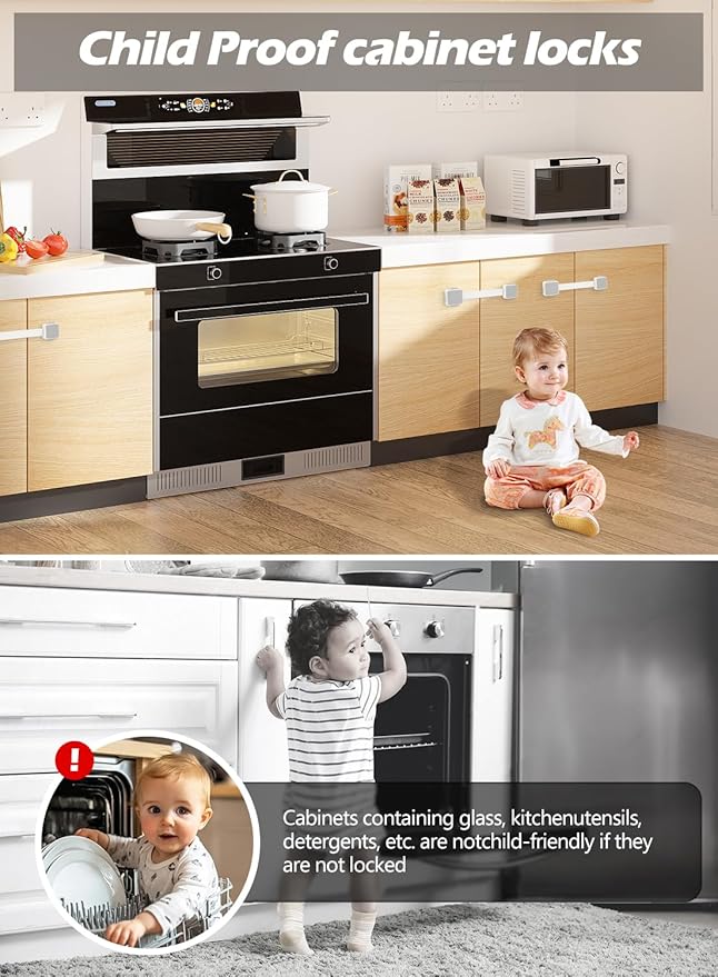 6 Pack Baby Proofing Safety Locks Child Safe for Cabinet Drawer Fridge Oven Dishwasher Doors, Toilet Seat & Lid, Adjustable Furniture Latches and Straps, 3M Adhesive No Drilling Button,Unlock Design
