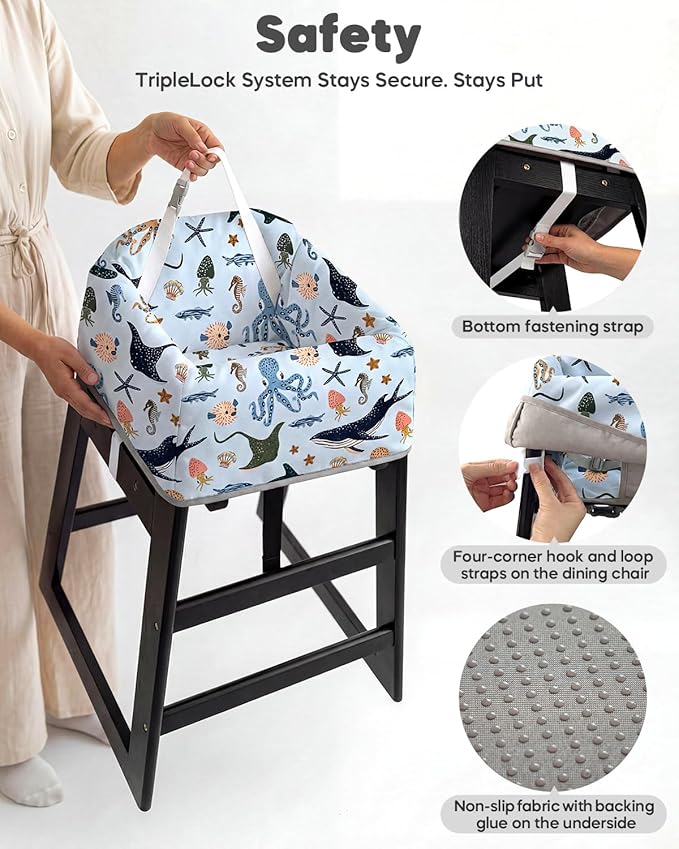 Mamatepe Baby High Chair Cover with Strap Pads & 2-Point Harness - Machine Washable, Waterproof, Portable for Restaurant/Travel/Home - Fits Wooden High Chairs, Blue Ocean