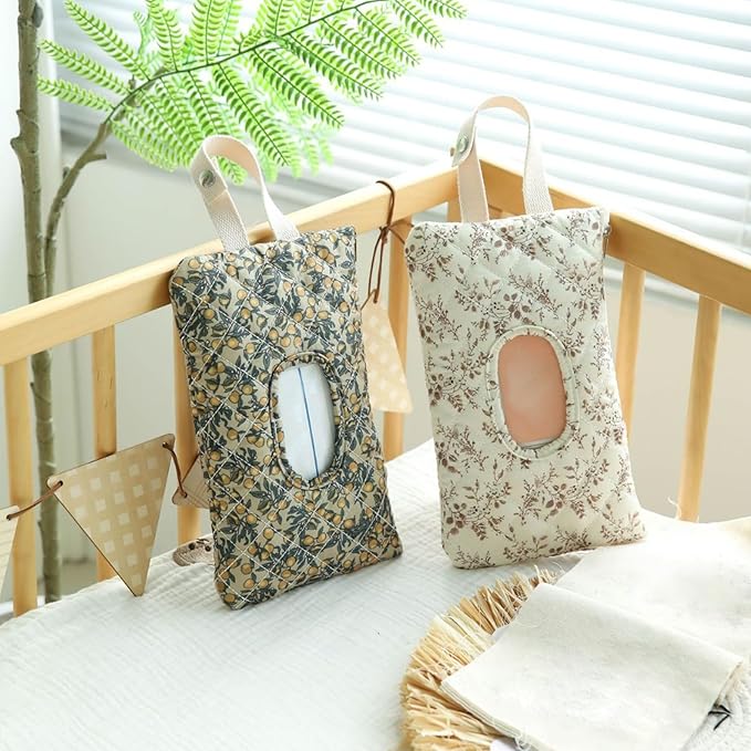 Quilted Baby Wipe Holder Quilted Wipe Pouch Portable Hanging Floral Wet Wipes Bag for Car, Stroller