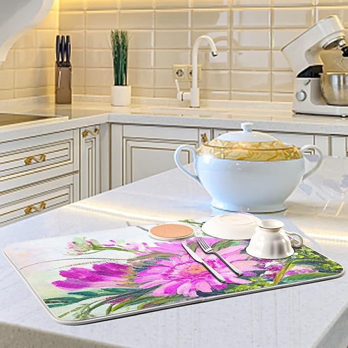 Absorbent Dish Drying Mat for Kitchen Counter - Oil Painting Flowers Microfiber Drying Pad, Reversible Drainer Mats for Countertop, Small 16" x 18"