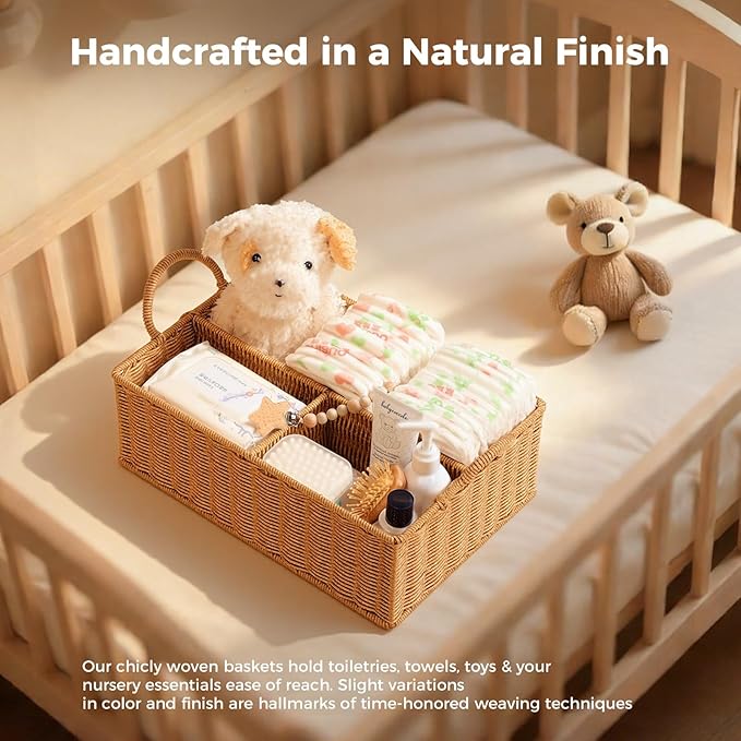 Diaper Caddy Organizer, Hand Rattan Nursery Baby Basket Changing Table Organizer for Baby Essentials, Baby Shower Gifts, Versatile Shelf Basket Bathroom/Kitchen Organizer (PE Rattan, L)