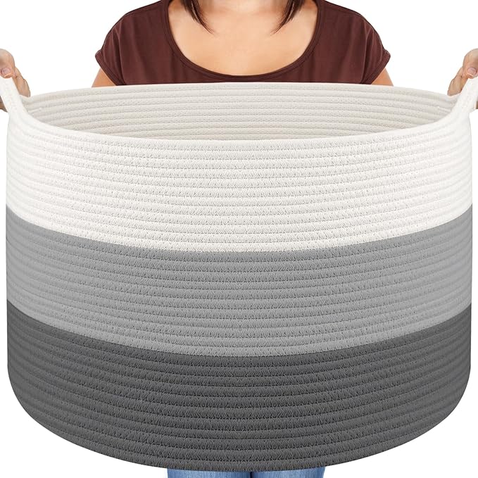 Maliton Large Blanket Basket, 22" X 22" X 14" Woven Baskets for storage Baby Laundry Hamper, Cotton Rope Blanket Basket for Living Room, Laundry, Nursery, Pillows, Clothes, Baby Toy chest (White&Grey)