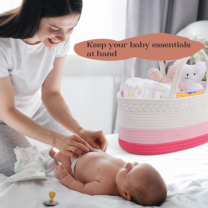 luxury little Diaper Caddy Organizer, Large Cotton Rope Nursery Baby Basket, Changing Table Organizer for Baby Diaper Storage, Portable Car Organizer Removable Divider (Pink, Large)