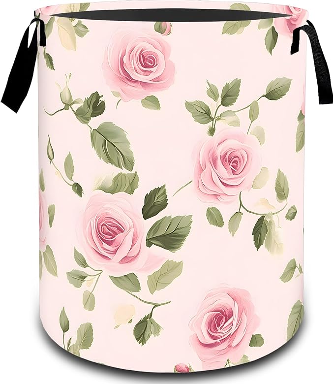 VODRM Rose Floral Pink Flower Laundry Basket, Dirty Collapsible Clothes Toy Organizer Hamper for Kids Adults, Oxford Cloth Waterproof Storage Bin for Bedroom Bathroom Home Decor Gifts, 19.7"X15.7"