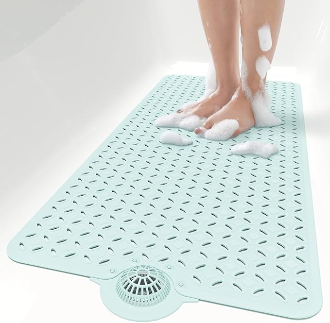 OTHWAY Bath Mat for Tub Non Slip: 39" X 17" Long Bathtub Mat with Hair Catcher│Big Drain Holes Shower Mats for Inside Shower│Machine Washable (Light Blue)