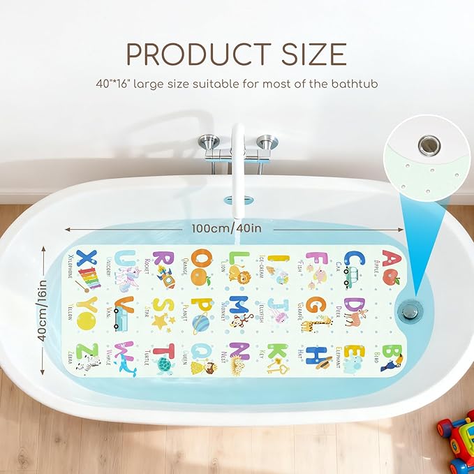 Omedecal Baby Bath Mat for Tub, Non Slip Kids Bath Shower Mat, 40 X 16 Inch Large Bathtub Mat with Drain Holes and Suction Cups for Toddlers, Machine Washable and Waterproof (Alphabet)