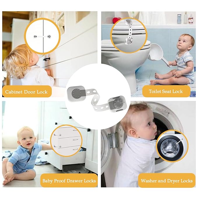 Fursafe&Q Child Safety Cabinet Proofing, Baby Cabinet Locks Adhesive Adjustable Child Safety Strap Locks Drawer Fridge Ovens Toilet Latches No Screws for Furniture Kitchen 12Pack