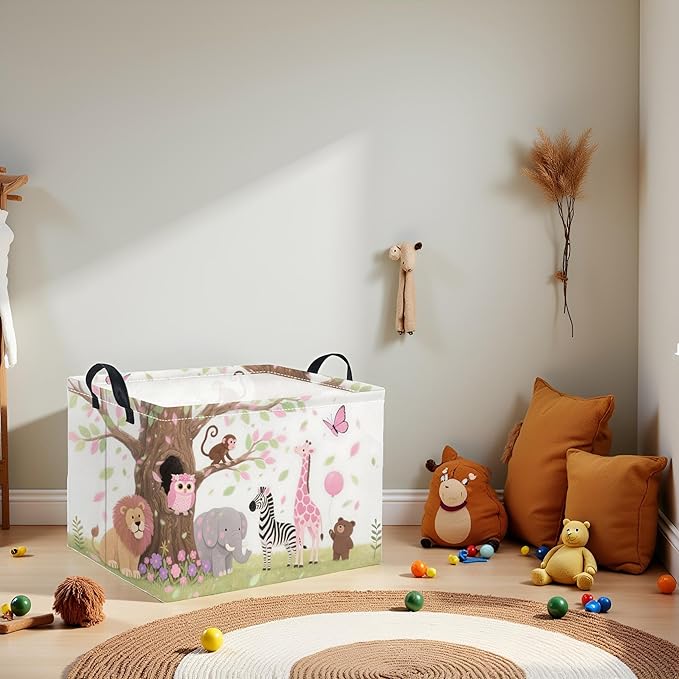 TIBAOLOVER Rectangular Baby Kids Storage Basket for Home Kitchen Girls Cute Storage Bin Organizer Shelf Book Room Decor(Pink Animal)