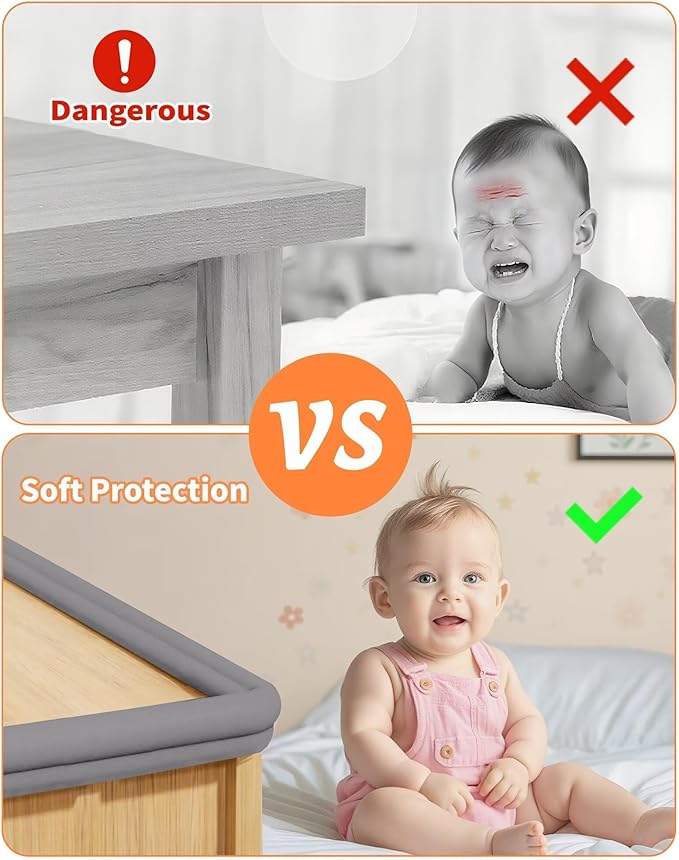 QYV Edge Protector for Baby Proofing, 6.6FT 0.67’’Th L-Shape Air Buffering Soft NBR Rubber Foam Furniture Edge Bumper Guards with 6 Corners, Pre-Taped, Thick Table Bumper Guard for Babies (Grey)
