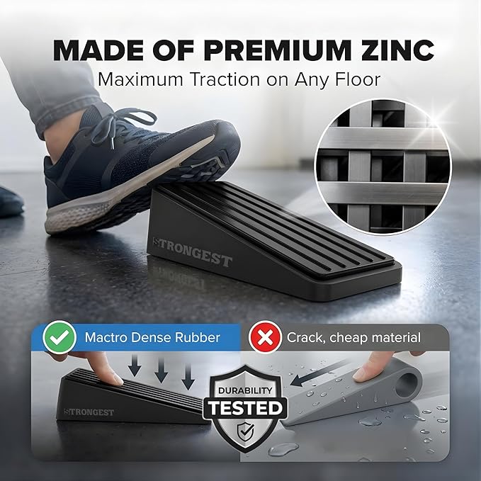 Strongest Home Heavy Duty Door Stop Wedge Made of Premium Quality Zinc and Rubber Suits Any Door, Any Floor. Set of 4 and Additional Self-Adhesive Wall Protectors