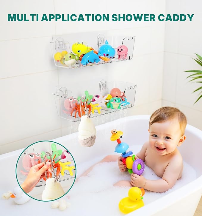 JNDETOP Bath Toy Storage Holder for Bathtub, Clear Acrylic Bath Toy Organizer with Drain Holes, 2 Pack Large Capacity Bathtub Toy Storage Shower Caddy for Bathroom