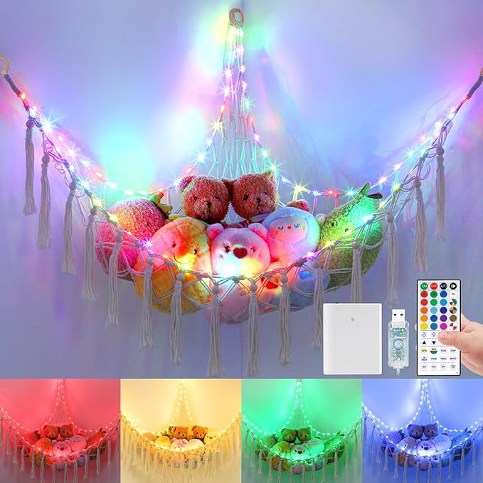 Stuffed Animal Hammock 75LEDs, 20 Colors Warm White 55in Extra Large Storage Macrame Hammock with Remote, USB Powered Hanging Plush Animal Net for Kids Bedroom Doll Room Corner Organizer(XL)